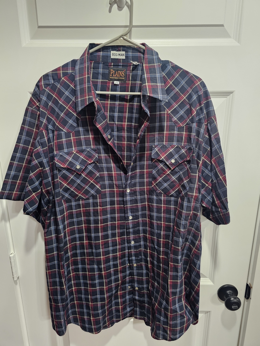 Big Man Plains Western Wear Short-Sleeve Plaid Button-Down Shirt - Navy & Red